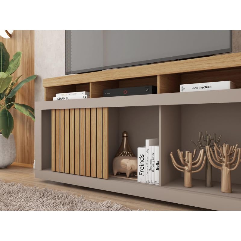 Meuble TV 55 Pouces Chêne et Gris 1 Porte 6 roulettes L 136 H 74 P 39 cm