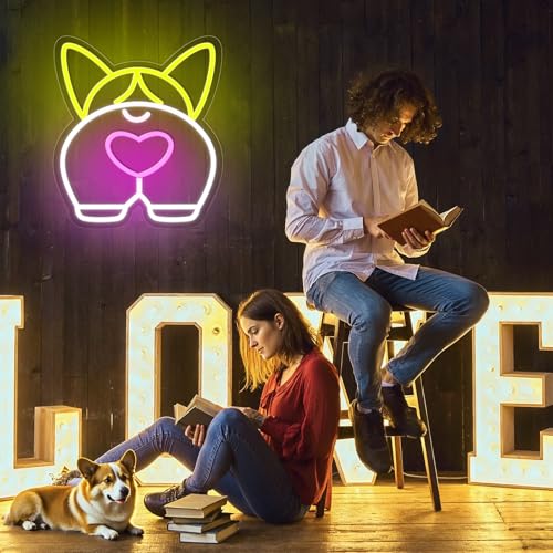 Image of Dog Neon Sign for Wall Decor,Dimmable Cute Corgi Dog Neon Light Puppy Light Up Signs for Pet Shop Bedroom Party Bar Background Christmas Gifts Decorations