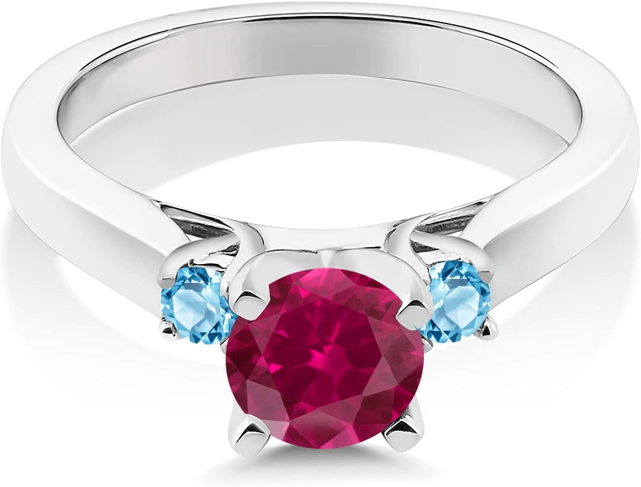 Gem Stone King 925 Sterling Silver Red Created Ruby and Swiss Blue Topaz 3-Stone Engagement Ring For Women (1.16 Cttw, Round 6MM, Gemstone July Birthstone)