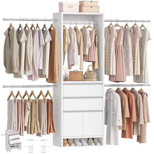 Hzuaneri Closet System, Closet Organizer System with 4 Hang Rods, Walk-in Wooden Storage Systems with 2 Drawers & Shoe Cabinet, Fits Spaces 4-9.8FT, Wardrobe Clothes Rack Garment Rack, White MC00103E