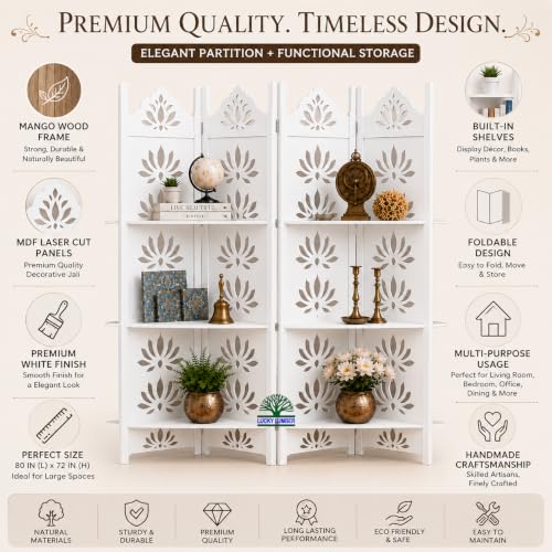 Image of Wooden Room Divider Partition with Display Shelves for Living Room | Foldable 4 Panel Decorative Privacy Screen Separator for Home, Office & Bedroom | (White with Shelves)