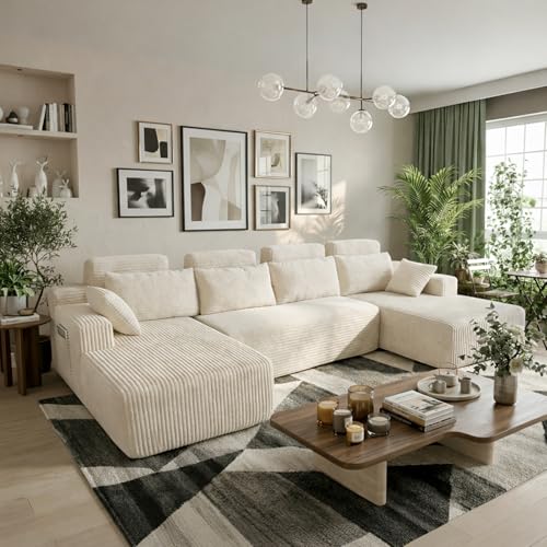 Image of 134 inch Boneless Couch for Living Room, Oversized U Shaped Modular Cloud Sofa with Deep Seat, 6 Seater Convertible Memory Foam Couches, No Assembly Plush Corduroy Sofa (Beige)