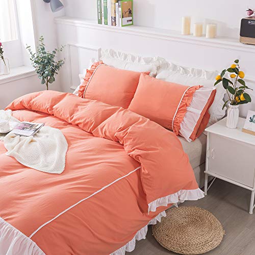 Soffta Coral Orange Designer Bedding Sets Vintage Waterfall 3Pcs Twin Size Duvet Cover Sets Girls Princess Shabby Chic Ruffled 100% Natural Cotton Décor 4 Layers Of Ruffle #TOP1