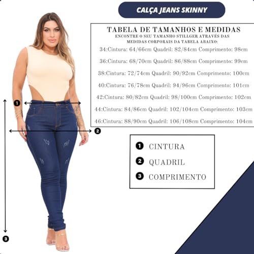 Calça Jeans Skinny Feminina Cintura Alta Com Lycra Levanta Bumbum Elastano Feminino (BR, Cintura, 40