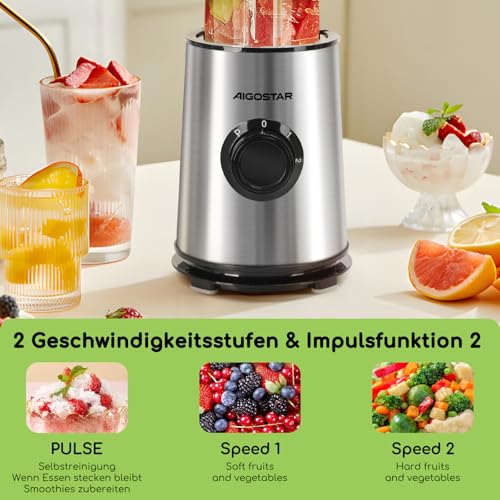 Aigostar Smoothie Maker, Mini Standmixer, 600W, 2 x 800ml Becher mit Reisedeckel, 2 Geschwindigkeitsstufen + Impulsfunktion, Ice-Crush-Funktionmit,Tritan-Kunststoff Flasche, BPA-frei. Baron – Bild 6