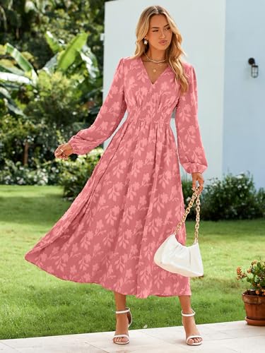 Image of Simplee Womens Boho Floral Long Sleeve Maxi Dress V Neck Empire Waist Fall Wedding Guest Dresses with Pockets