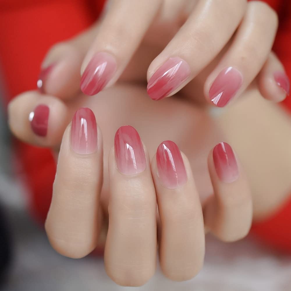Amazon.com: Coolnail Gradient Ombre Pink French False Nails Oval Round  Press on UV Fake Nail Tips Daily Office Finger Wear with 1pc Glue Sticker :  Everything Else