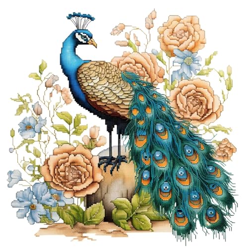 Xinpinzhou 11ct Cross Stitch Kits, 11 CT Funny Pre Printed Counted Stamped Cross Stitch Embroidery Needlepoint Patterns Kits for Beginners Adults Crossstitch Peacock and Flowers 36x36 CM
