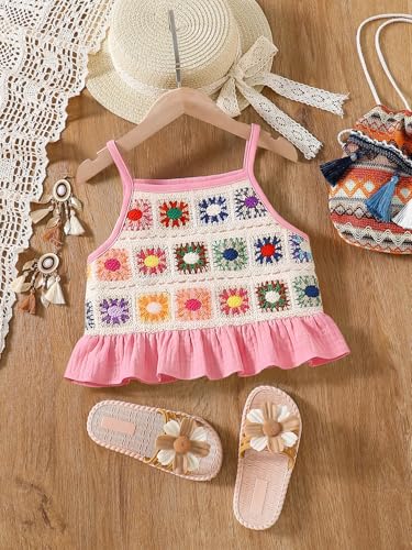 Image of WDIRARA Girl's 2 Piece Outfits Boho Floral Crochet Ruffled Sleeveless Cami Top and Wide Leg Pants