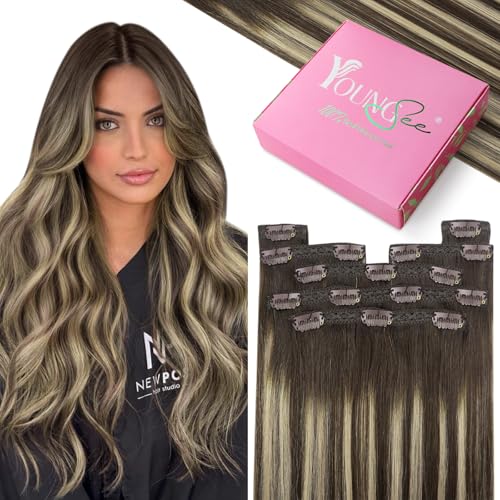YoungSee Clip in Human Hair Extensions Brown 20 inch 120g Clip in Hair Extensions Chocolate Brown with Ash Blonde Balayage Human Hair Extensions Clips in Reusable 7 Separate Pieces Add Length