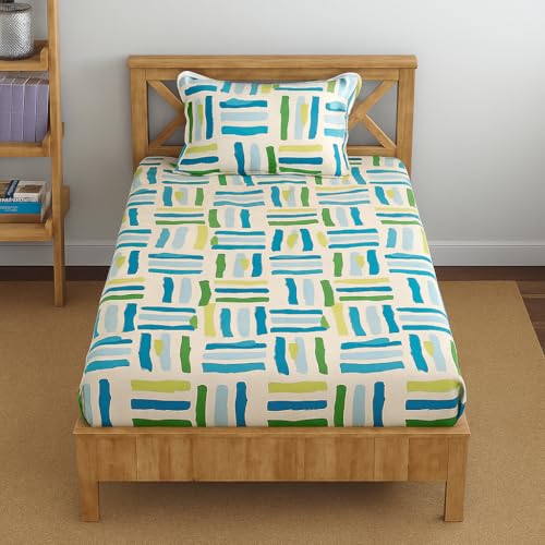 Image of Blue Strip 220TC Glace Cotton Elastic Fitted Bedsheets Single Bed with 1 Pillow Cover | Single Bed with All Around Elastic, Size 42 inch x 75 inch Inches