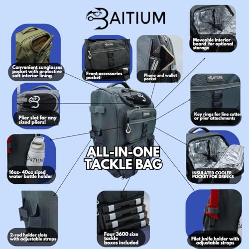 Image of Baitium Fishing Backpack, Tackle Bag With Rod Holders, 40L Capacity With Cooler, Rain Cover, Insulated Pocket, 4 Tackle Trays Included - (Grey)