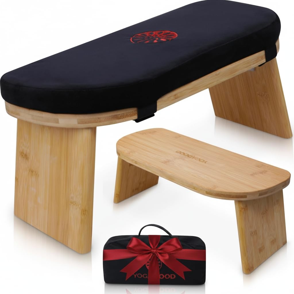 Folding Meditation Bench with Velvet Cushion & Carry Bag - Bamboo Yoga Stool, Seiza Prayer Bench, Travel Meditation Seat - Comfortable Kneeling Chair for Mindfulness, Zen Practice Meditation Stool