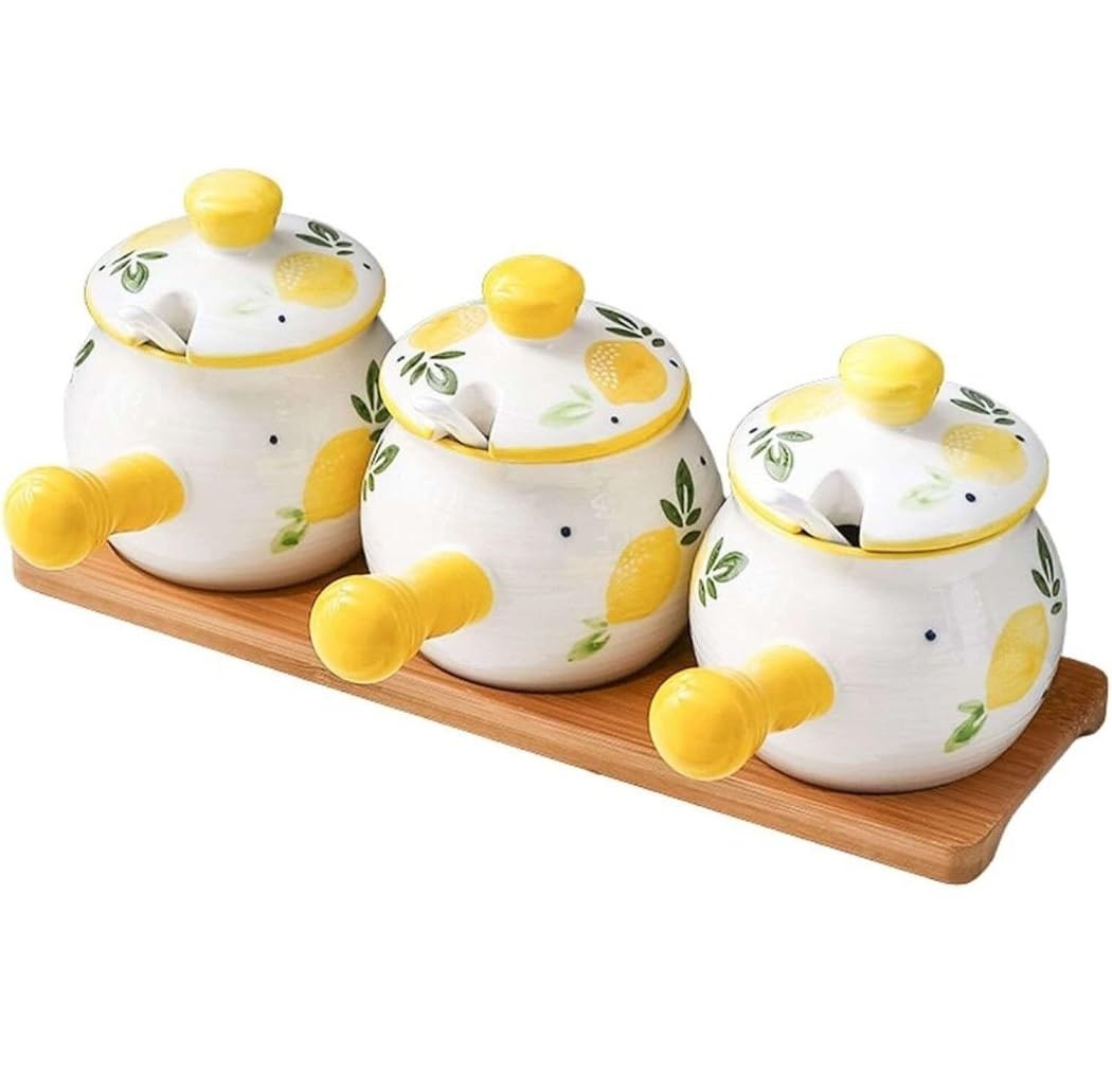 AZHKJKZH Seasoning Box Set Ceramic Condiment Spice Jar Set With Handle And Lid Spoon Seasoning Container For Kitchen Salt Sugar Jar(C)