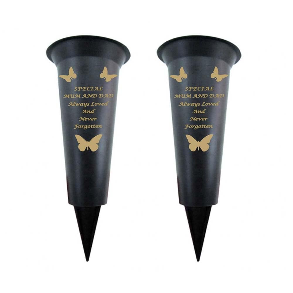 Memorial Grave Vases Ornaments Black Plastic Flower Holders - Butterfly Spike Grave Flower Vases with Funeral Verses for Your Loved Ones - Pack of 2 (Mum&DaD - Pack of 2)