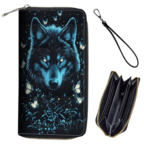 Bxgolkgd Womens Wallet, RFID Blocking Leather Wallet,Large Capacity Wallet Credit Card Holder PU Leather Ladies Clutch with Zipper Coin Pocket - Wolf with Butterfly Design