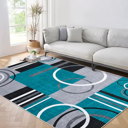 GarveeHome Washable Rug 4x6 Modern Abstract Circle Rug Non Slip Non Shedding Rugs Indoor Floor Cover Stain Resistant Rugs for Bedroom Living Room, Turquoise