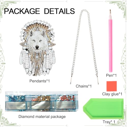 Image of AiYuanzsh White Wolf Diamond Painting Hanging Ornament - DIY 5D Crystal Art Kit with Feathers, Tribal Totem Style Diamond Art Pendant Ornament Wall or Window Decoration for Adults