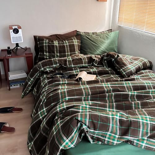 Image of LifeTB Queen Comforter Set Brown Green Plaid Comforter Set, 3 Pieces Vintage Plaid Checkered Comforter with 2 Pillowcases, Fluffy Soft Breathable Grid Pattern Farmhouse Gingham Bedding Set Queen