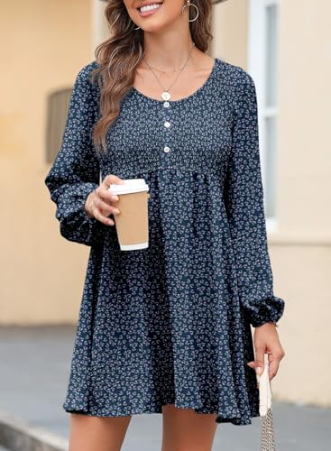 Image of Dokotoo Fall Dresses for Women 2026 Casual Long Sleeve Mini Dress | Smocked Crewneck, Button Up, Empire Waist, A-Line Hem, Solid Color, Floral Pattern