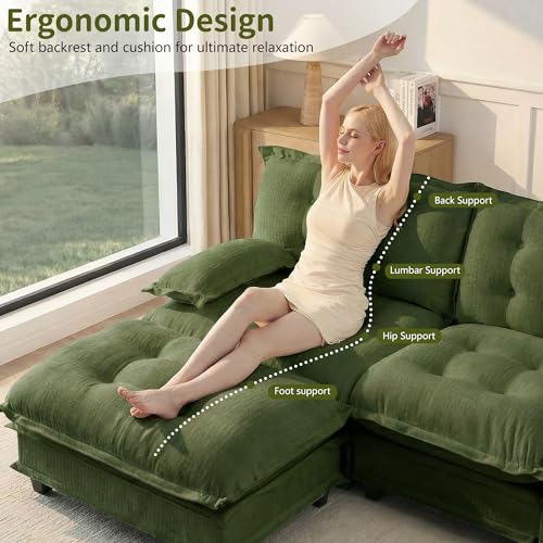 Image of 77 inch Sectional Sleeper Sofa with Ottoman, U Shaped Modular Deep Seat Couches for Living Room Apartment, Flexible Module Combination Cloud Sofa with Spring Support, Easy Assembly, Dark Green