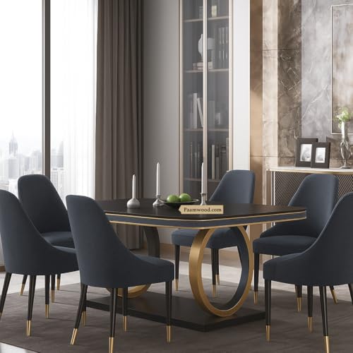 Image of 6-Seater Dining Table with Nano Composite Marble Top and PVC Golden Wooden Base | Includes 6 Fabric Upholstered Chairs (Grey)