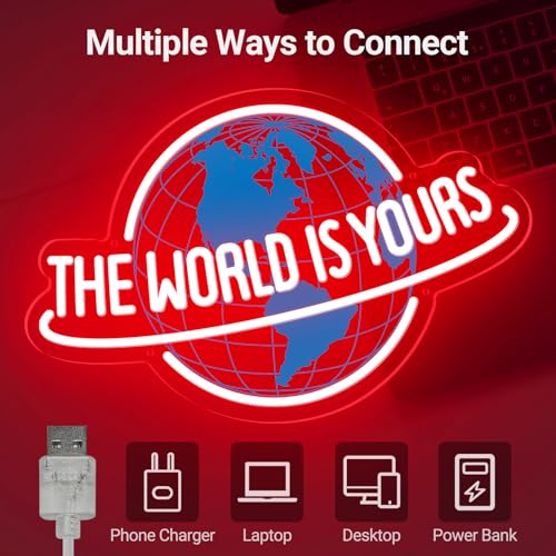 Image of The World Is Yours Neon Sign, Dimmable Planet LED Neon Light Lamp for Wall Decor, USB Power for Man Cave Home Bar Bistro Club Cafe Wedding Game Room Bedroom Birthday Gift Graduation Party (Red)