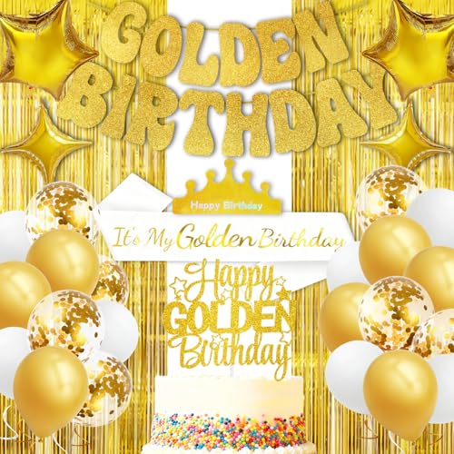 31PCS Golden Birthday Party Decorations Kit – Happy Golden Birthday Decorations Set with...