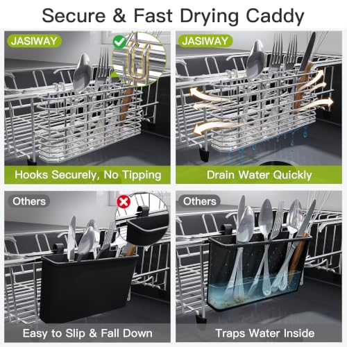 Image of JASIWAY Stainless Steel Dish Drying Rack in Sink with Metal Utensil Holder