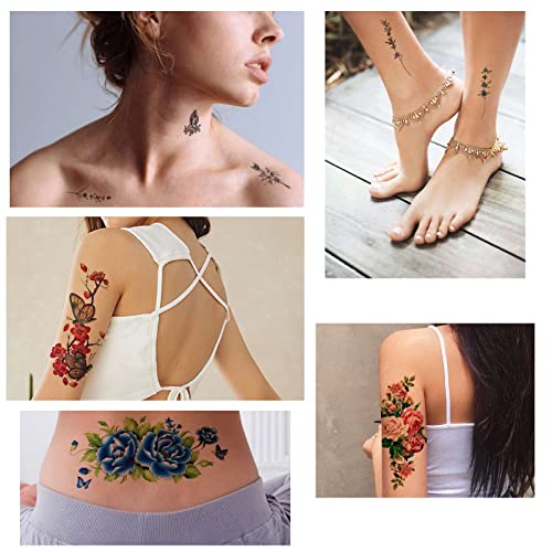 Quichic 60+ Designs Flower Tattoos Temporary Realistic Large Flower Tattoos For Women Sexy Floral Blossom Branch Temporary Tattoo For Adults Girls Long Lasting Fake Tattoos Flower For Neck Hand #TOP6