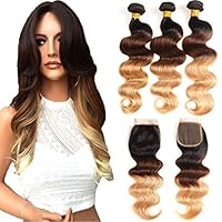 Ombre Echthaarbündel Ombre Brasilianisches Haar Körperwelle (T1B/4/27,16 18 20+14) Ombre Haar 3 Bündel mit Verschluss, Jungfrau Remy Haarbündel 3 Ton Schwarz bis Blond Echthaar Webart