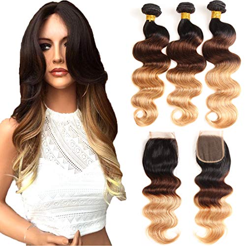 Ombre Echthaarbündel Ombre Brasilianisches Haar Körperwelle (T1B/4/27,16 18 20+14) Ombre Haar 3 Bündel mit Verschluss, Jungfrau Remy Haarbündel 3 Ton Schwarz bis Blond Echthaar Webart