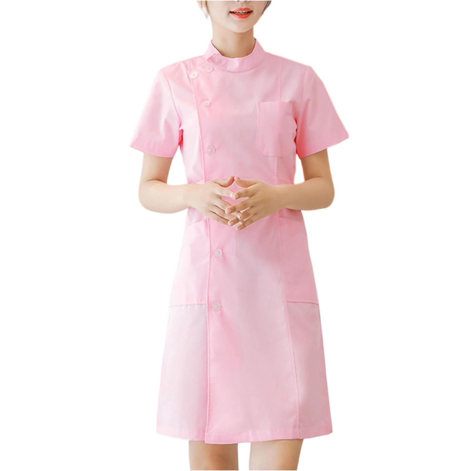 Scrubs Dresses for Women Cut Babydoll Neck Short Sleeve Nurse Working Uniform Solid Color Button Down Knee Length
