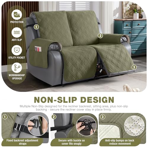 Image of TAOCOCO 100% Waterproof Loveseat Recliner Covers 2 Seater, Split Loveseat Covers for Reclining loveseat, Non Slip Reclining Couch Cover with Double Straps for Kids, Pets(2 Seater, Green)
