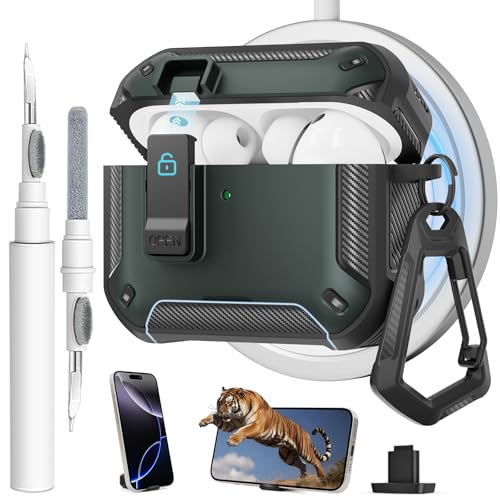 Image of for AirPods Pro 3 Case with Magnetic Lock and Phone Stand, Compatible with Magsafe Charging,with Carabiner&Cleaner kit for Apple iPod Pro 3rd Generation Cover(2025) Men Women (Dark Green)