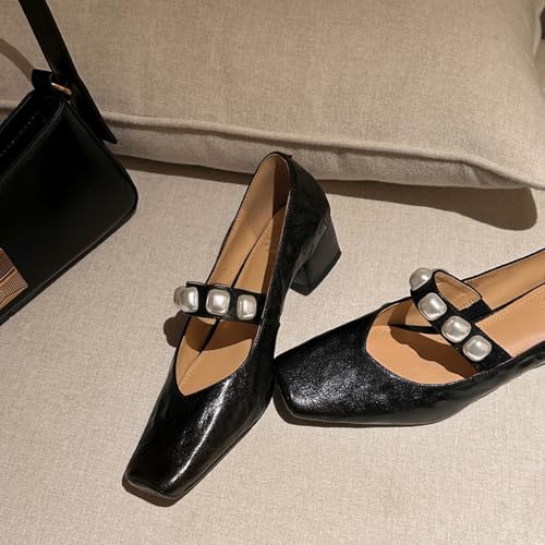 XIEDA Women's Genuine Leather Low Chunky Heel Pumps with Pearl Square Toe Dress Shoes3