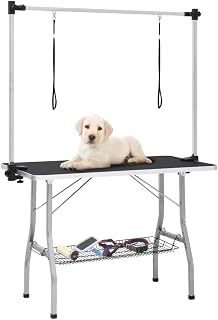 RAUGAJ Mesa de aseo ajustable para perros con 2 trabillas y cesta, color negro y plateado