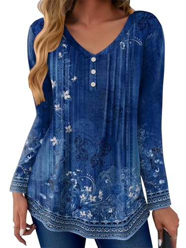 Zeagoo Womens Long Sleeve Tops V-Neck Loose Fit Shirts Pleated Print T-Shirts Dressy Casual 2025 Tunics2