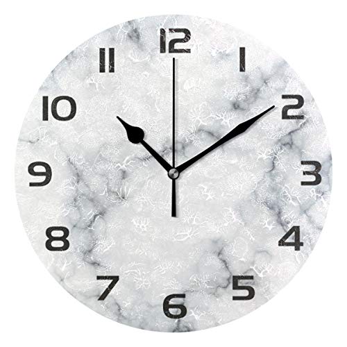 One Bear Modern White Marble Texture Wall Clock, Silent Non Ticking Battery Operated