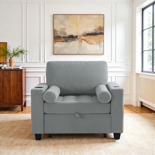 Image of 3-in-1 Sleeper Sofa Chairs Set of 2, Pull Out Sofa Bed Convertible Reclining Seat Upholstered Armchair, Adjustable Backrest Recliner Chair with Side Pockets, Cup Holder & USB Ports - Gray