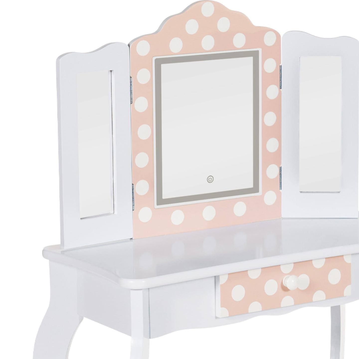 IDMarket - Coiffeuse Enfant Roza LED Blanche et Rose avec 3 miroirs et Tabouret