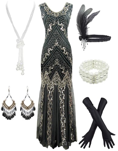 Image of Women Evening Maxi Long Dress 1920s Sequin Mermaid Hem Wedding Prom Gown Costume w / 20s Gatsby Accessories Set