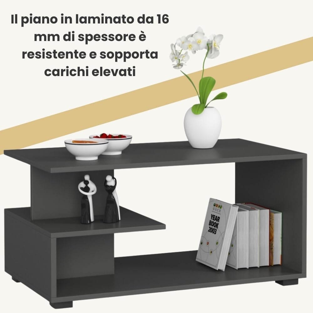 AKORD | Tavolino da Caffè in Legno | Tavolo Salotto Moderni | Credenza per il Soggiorno | Arredamento Casa | Tavolini a 3 livelli | Piano in laminato 16mm | 90 x 45 x 51 cm | Grafite Grigio