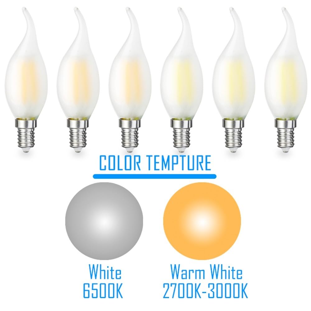 1fortunate lights, Paquete de 10 bombillas de filamento de cola de vela Retro AC220V E14 2W/4W/6W lámpara LED de decoración esmerilada regulable lámpara de araña(Cold White,6W)