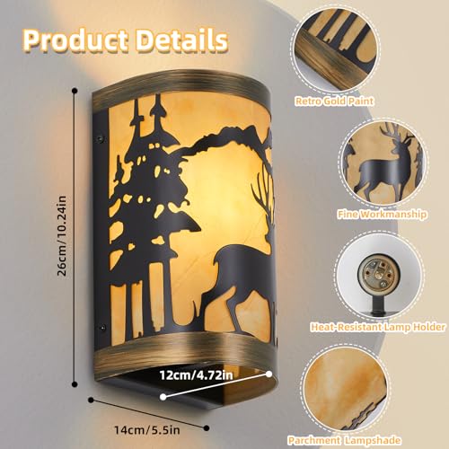 Image of Rustic Wall Sconces Deer Metal Lamp, Black and Gold Farmhouse Wall Light Fixture with Shade, E26 Base Vintage Industrial Lighting for Bedroom, Living Room, or Lodge Cabin (Bulb not Included)