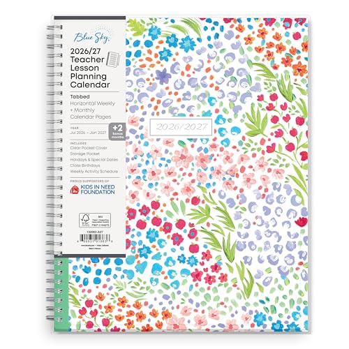Blue Sky 2026-2027 Weekly and Monthly Academic Year Teacher Lesson Planner Calendar, July 2026 - June 2027, 8.5" x 11", Clear Pocket Cover, Wirebound, Laminated Tabs, Storage Pocket, Ditsy Dapple Light