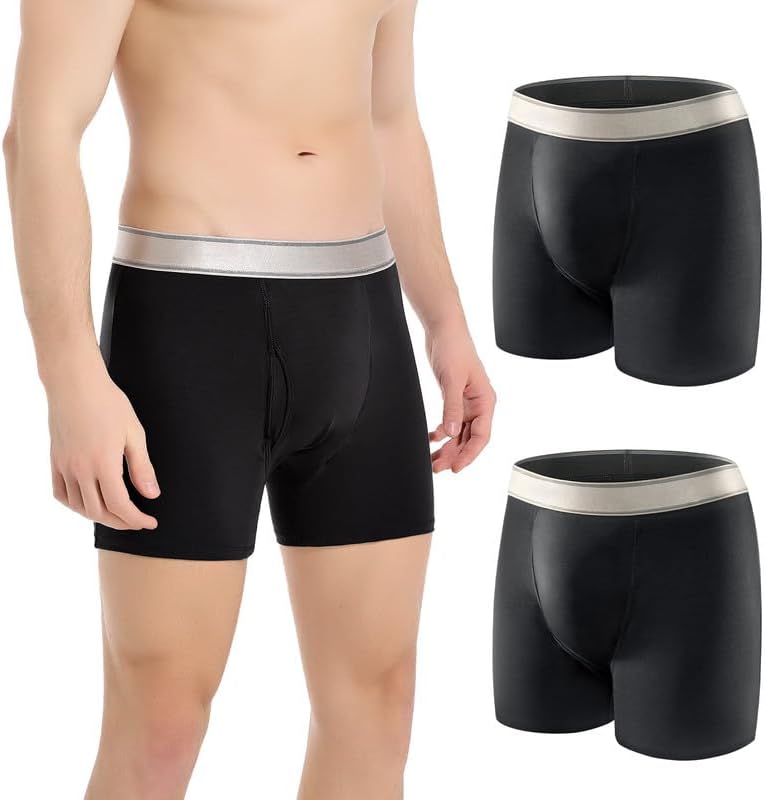 Carer Incontinence Underwear for Men Washable with Front Fly Mens Incontinence Boxer Briefs with Front Absorbent 150ML Reusable Leak Proof Underwear for Men 2 Pack Black, Large