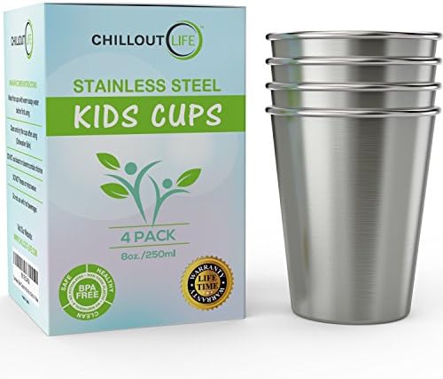 CHILLOUT LIFE Stainless Steel Cups for Kids and Toddlers 8 oz - Stainless Steel Sippy Cups for Home & Outdoor Activities, BPA Free Healthy Unbreakable Premium Metal Drinking Glasses (4-Pack)
