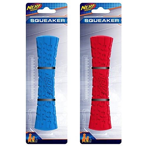 Nerf Dog Tire Stick Dog Toy with Interactive Squeaker, Lightweight, Durable and Water Resistant, 7 Inches, For Medium/Large Breeds, Two Pack, Blue and Red
