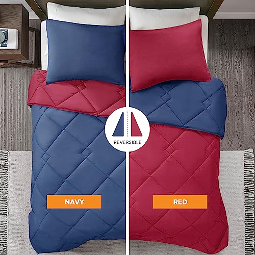 Image of Comfort Spaces Vixie Reversible Comforter Set - Trendy Casual Geometric Quilted Cover, All Season Down Alternative Cozy Bedding, Matching Sham, Red /Navy, Full /Queen 3 piece